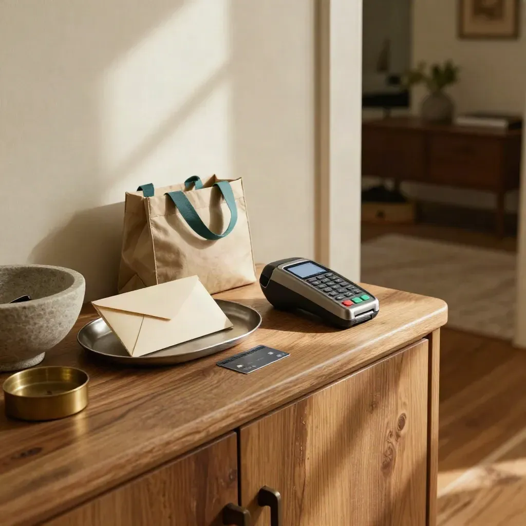 Home entry console with card, tray, tote and payment terminal in warm light
