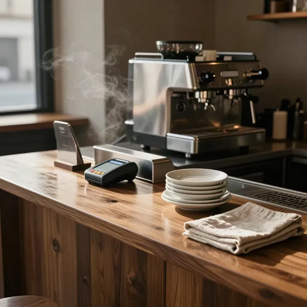 Moody café counter with till, card terminal, espresso machine, and deposit pouch in dramatic haze.