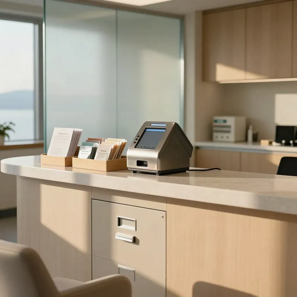 Empty Vancouver clinic reception with card terminal, vendor trays, and closed file cabinet in soft daylight.