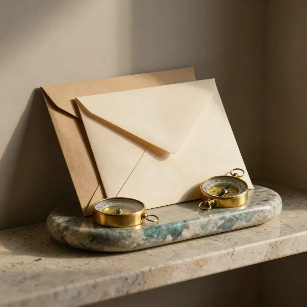Brass compass beside sealed savings envelopes and a stone balance tray in dramatic close-up.