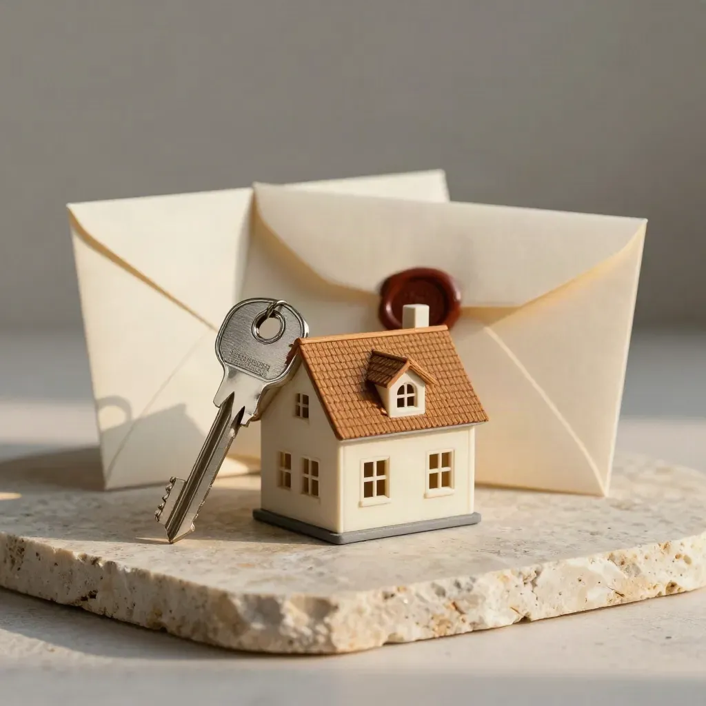 Miniature house, mortgage key, and sealed loan envelope on pale stone with soft side light.