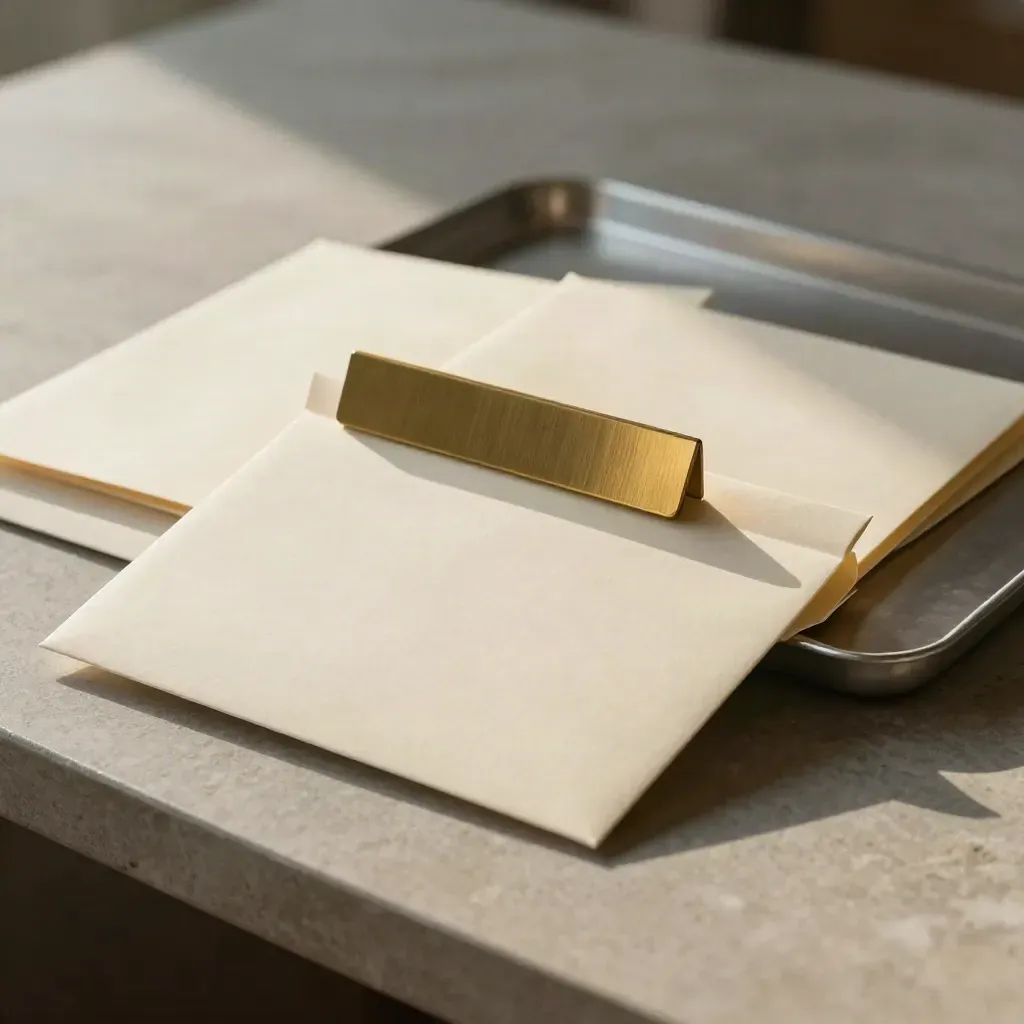 Three sealed account sleeves, brass divider, and metal tray on a stone desk.