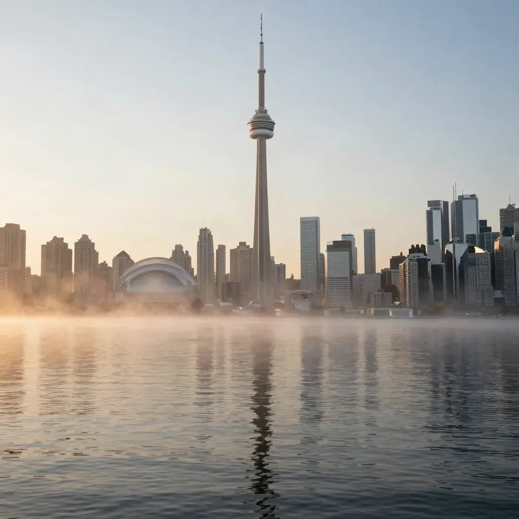 Toronto skyline and CN Tower over warm lake haze, calm water below, golden evening light