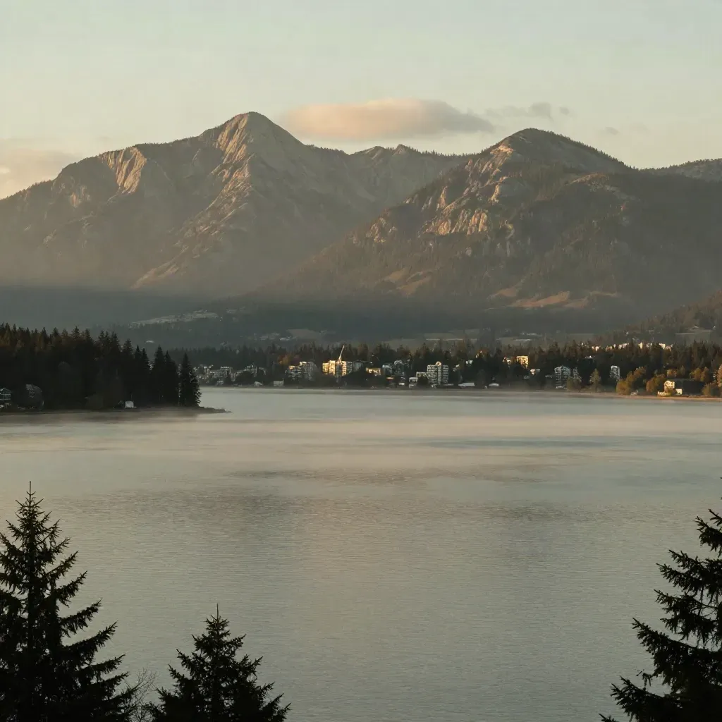Vancouver mountains and inlet water glowing under coastal mist, with a calm open lower frame.