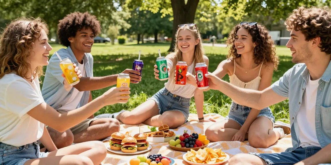 Friends enjoying hard soda at a summer picnic scene with colorful cans.